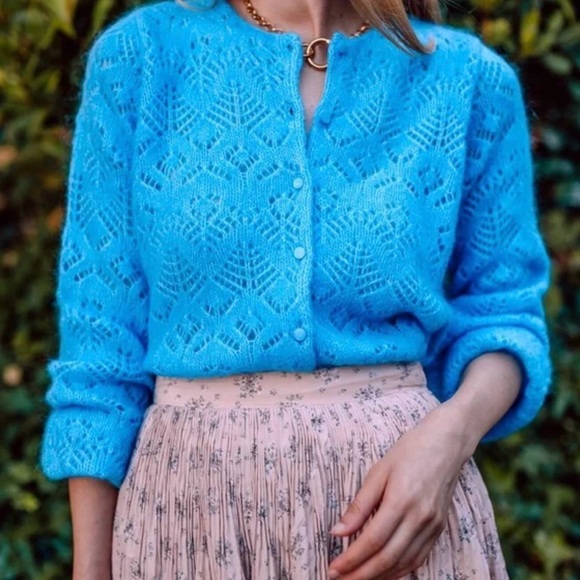 Sezane Olympe Blue Azur Mohair Wool Pointelle Cardigan/Jumper - Size S - Picture 3 of 14